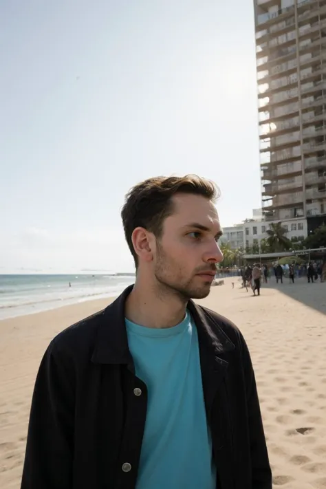 Photo (1man), twenties, tough fuckboy, loitering, terrified, looking away, beach