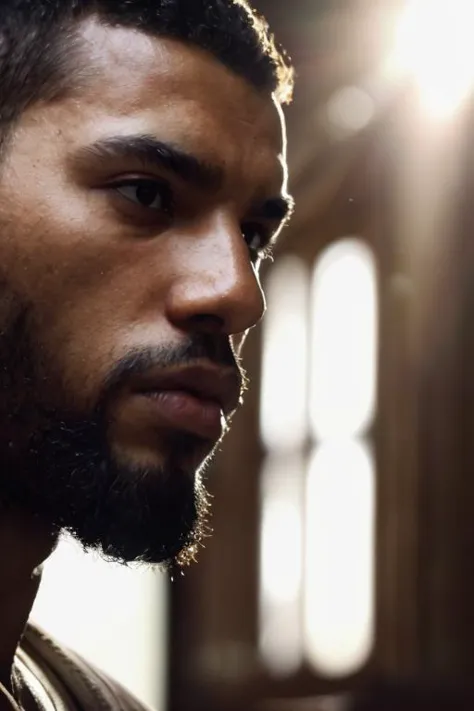 reflected light, looking at viewer ,parted lips, pores, portrait, shallow depth of field, plain background, beard, moist skin, sharp focus, candid, muscular, tough guy, photorealistic, raw,soft light, (motion blur:1.2), (dark skin:1.2, african american:1.2)