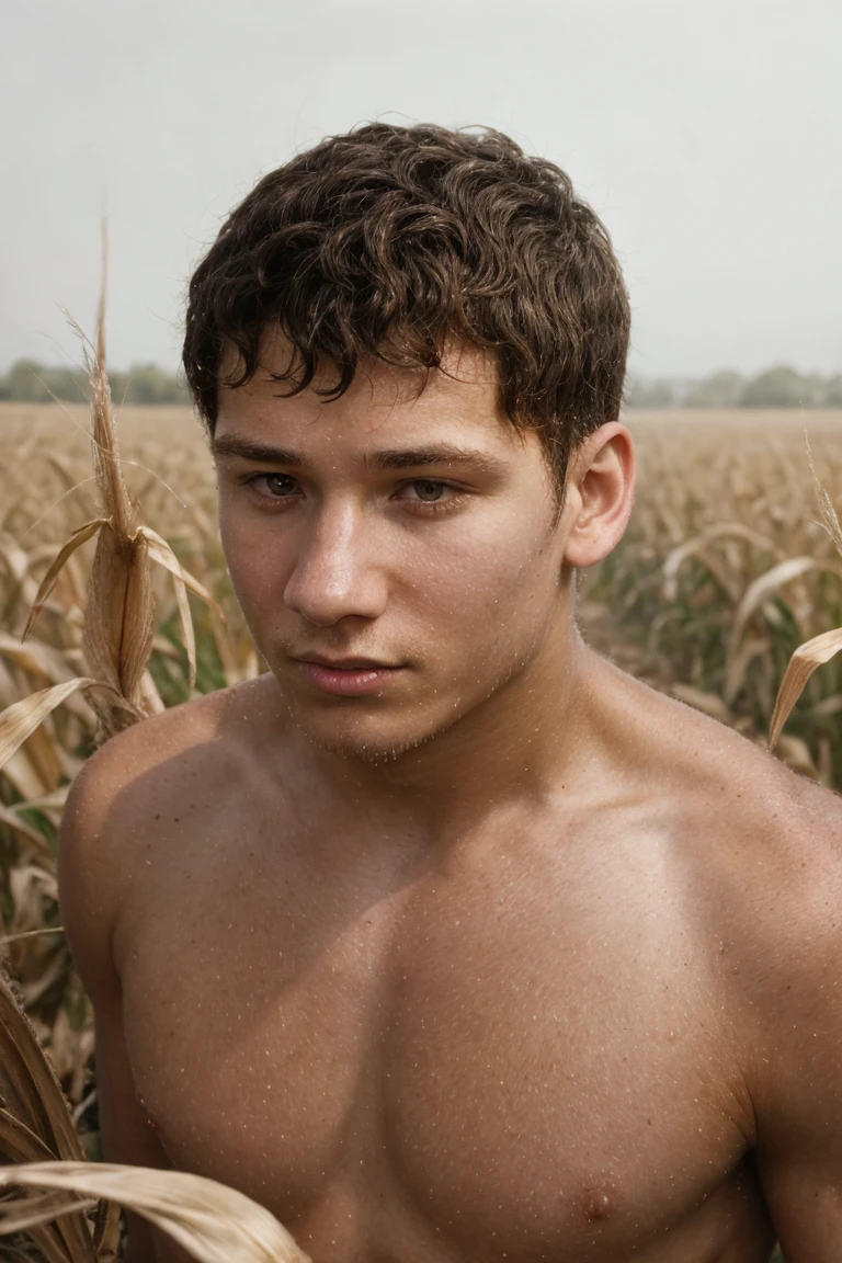 эпиCФото, грубая аналоговая фотография, 19-летний мужчина, прогулка по кукурузному полю, кукурузное поле, раннее утро, туман, острый фокус, (крупный план:0.7), динамический угол, 19-летний доктор_Джеймс мальчик, гипердетализированный,