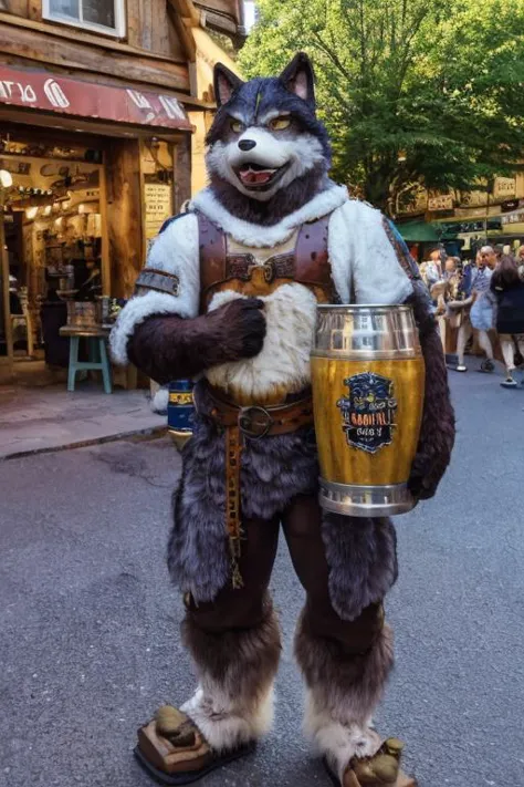 (furry wolf), holding a large foaming beer stein, street, anthro, casual medieval clothes,muscular, hairy