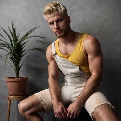 Raw photograph, 1boy, juicy rugged twunk, fashion magazine shoot,  yellow tank top, white dungarees over one shoulder, chest hai...