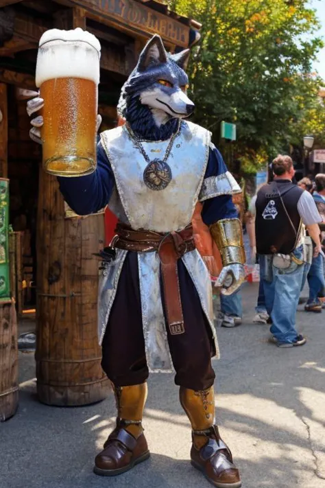 (anthro wolf), holding a large foaming beer stein, street, casual medieval clothes,muscular, hairy