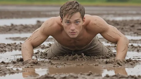 (masterpiece), 28yo boy average guy, (dreamy, forward crawl in the mud),