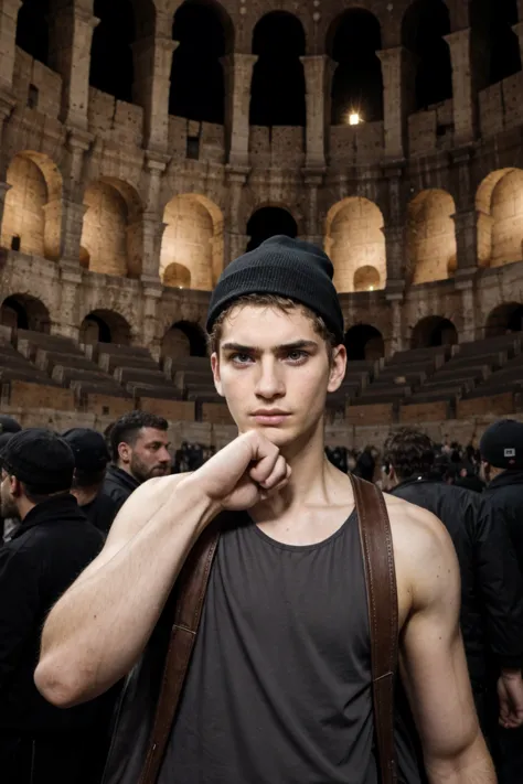 epiCFoto,  calidad, obra maestra, detalles intrincados, un (insune) (postura de la pata) chico griego delgado promedio de 20 años, cabello corto, Retrato, coliseo, beunie , (hombros anchos:0.6), 8k hd, high calidad, dramático, cinematográfico, (imperfecciones de la piel), wuning light, fondo oscuro, fotografía con flash,