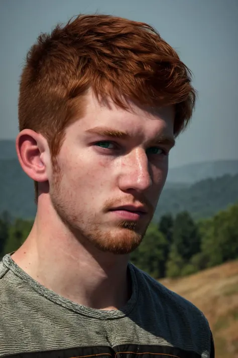(photo RAW),(Candid portrait photograph of a 20yo redneck boy, short red hair, (green:0.8) eyes, (freckles:0.5), stubble, bully,...
