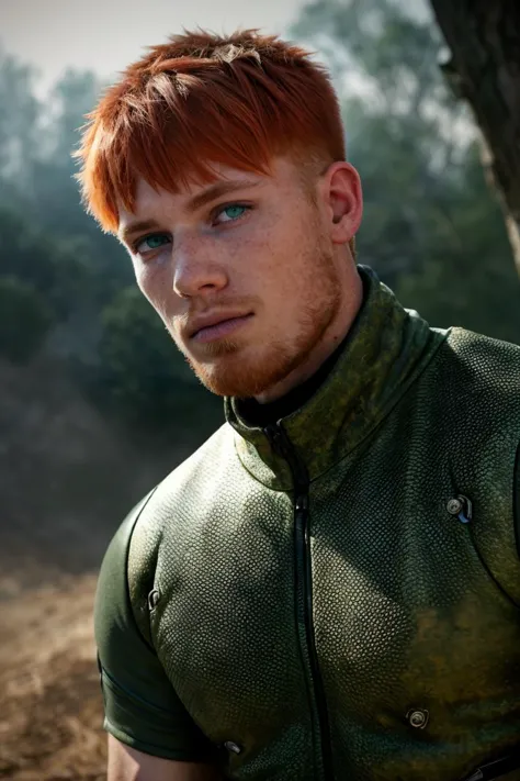 (photo RAW),(Candid portrait photograph of a 20yo redneck boy, (short red hair), green eyes, (freckles:0.5), stubble, muscular, ...