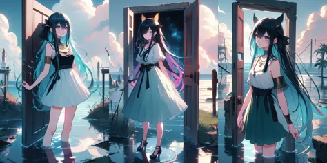 anime girl in a white dress standing in front of a mirror