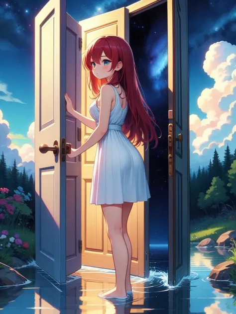 a woman standing in front of a door with water and sky