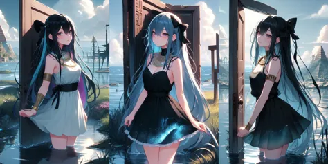 anime girl in a short dress standing in a body of water