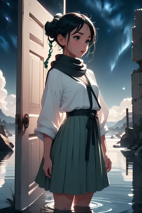 anime girl standing in water with open door in front of a mountain