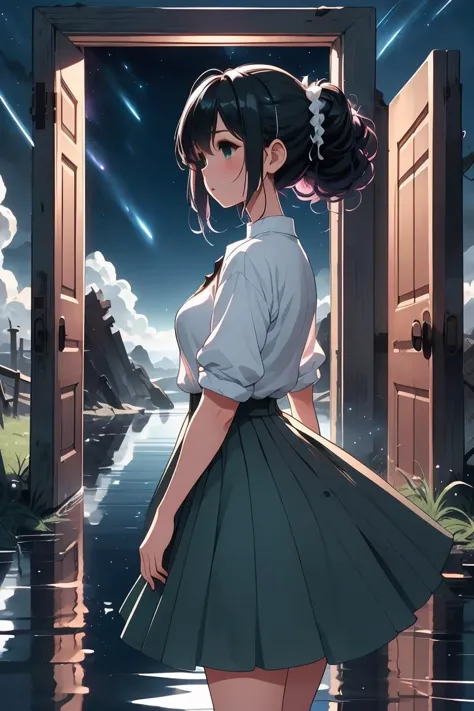 anime girl standing in front of open door looking at the sky