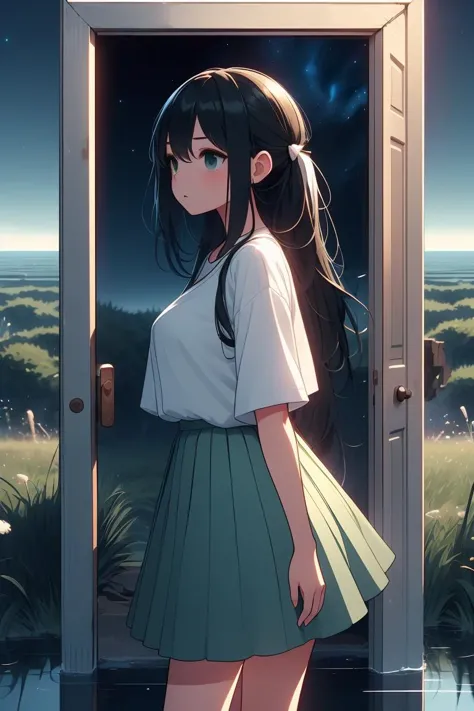 a girl standing in front of a door looking out at the night