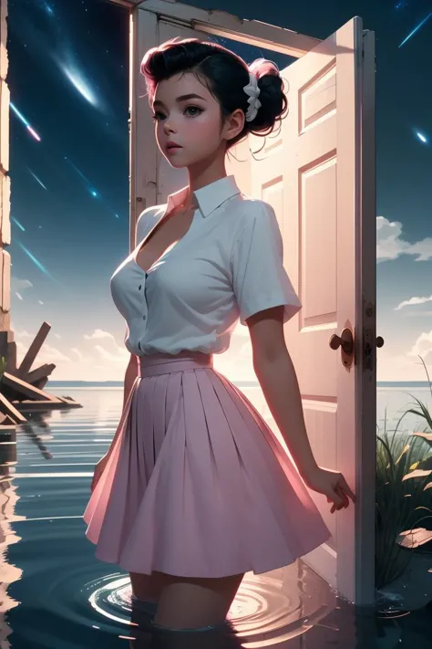 a woman in a pink skirt standing in water near a door