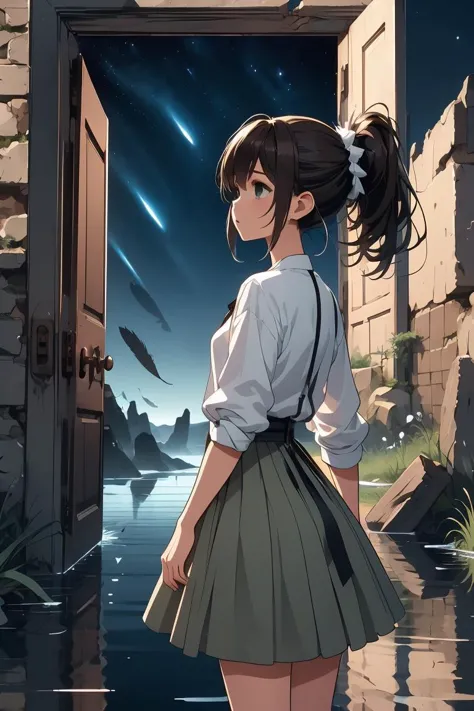 anime girl standing in front of a door looking at the stars