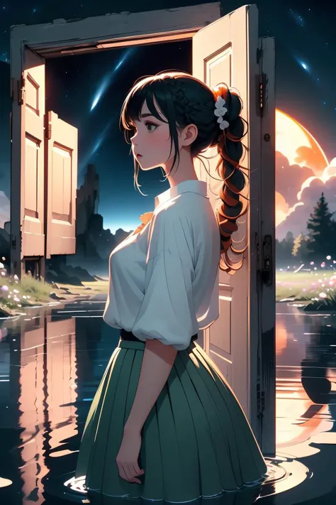 (masterpiece, best quality), 1girl,  Pale orange Dutch Braid Ponytail with Flower Accents, Size E breasts,  <lora:girllikeopendoor:1> open door, night sky inside frame, standing in water, light black ponytail, white shirt, green pleated skirt, ruins, outdoor, makoto shinkai style