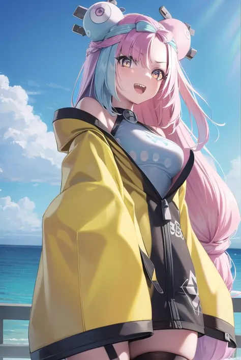 a woman with pink hair and a yellow jacket standing on a pier