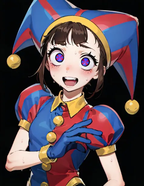 1girl, solo, upper body, :D, sweat, pomni, multicolored clothes, jester cap, puffy short sleeves, gloves, buttons, colored skin,...