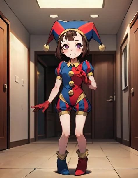 1girl, solo, indoors, full body, standing, smile, pomni, multicolored clothes, jester cap, puffy short sleeves, gloves, buttons,...
