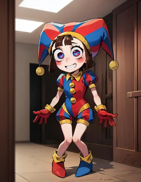 1girl, solo, indoors, full body, standing, smile, pomni, multicolored clothes, jester cap, puffy short sleeves, gloves, buttons,...