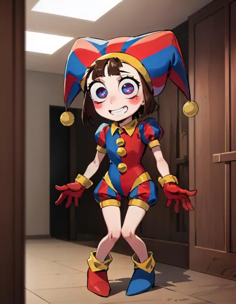 1girl, solo, indoors, full body, standing, smile, pomni, multicolored clothes, jester cap, puffy short sleeves, gloves, buttons, colored skin, symbol-shaped pupils, red eyes, blue eyes