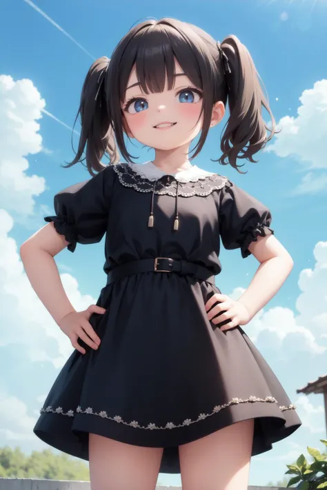 masterpiece, best quality, 1girl, looking at viewer, evil smile, blue sky, twintails, cute dress, hand on hip