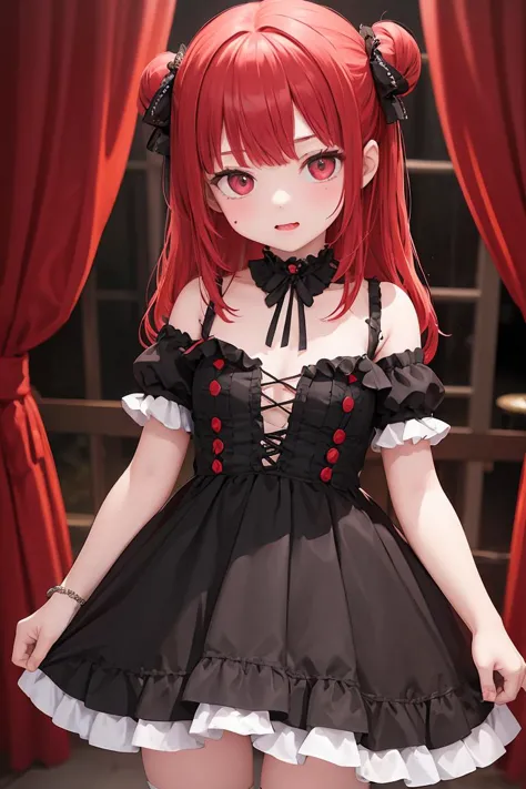 (masterpiece, best quality), 1girl, red hair, medium chest, gothic frill dress, pervert face,