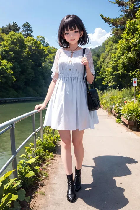 (masterpiece, best quality),  standing in front of a picturesque bridge, 1 girl, looking at viewer,  smile,
