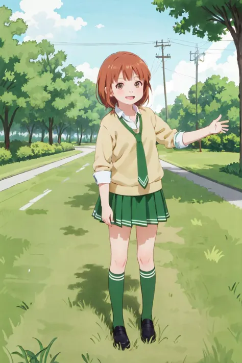 rikolovelab, 1girl, green skirt, sweater, green socks, kneehighs, green necktie, looking at viewer, park, standing, happy <lora:...