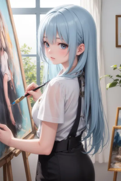masterpiece, best quality, 1girl, painter artist, fullcolor, light blue hair, looking at viewer, long hair