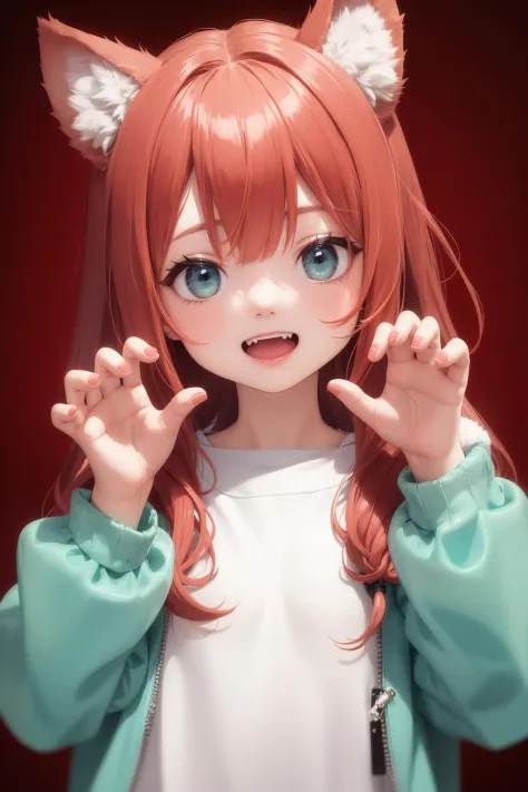 masterpiece, best quality, 1girl, wolf ears, red hair, aqua eyes, cute fang, happy, claw pose, looking at viewer
