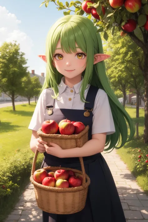 masterpiece, best quality, gardener outfit, pointed ears, green hair, long hair, yellow eyes, light smile, closed mouth, carryin...