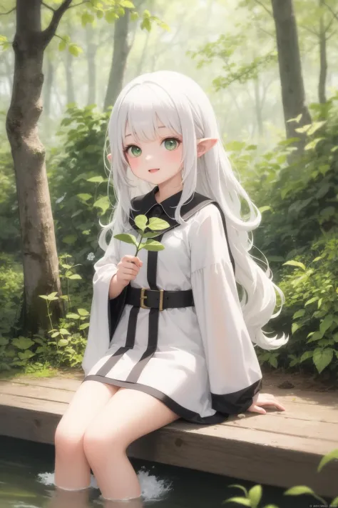 masterpiece, best quality, 1girl, white hair, long wavy hair, green eyes, pointy ears, happy, tunic, holding branch, forest, lak...