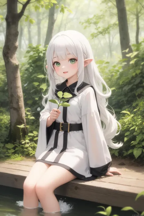 masterpiece, best quality, 1girl, white hair, long wavy hair, green eyes, pointy ears, happy, tunic, holding branch, forest, lake