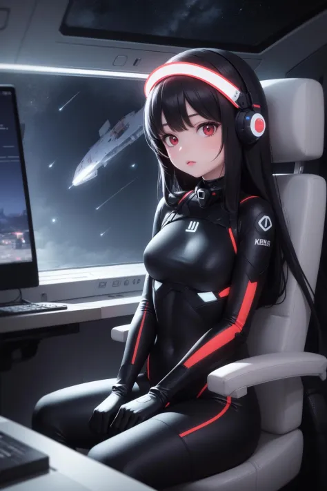 masterpiece, best quality, 1girl, black hair, long hair, red eyes, bodysuit, futuristic spacecraft interior, sitting, curious, looking at viewer, night sky, visor