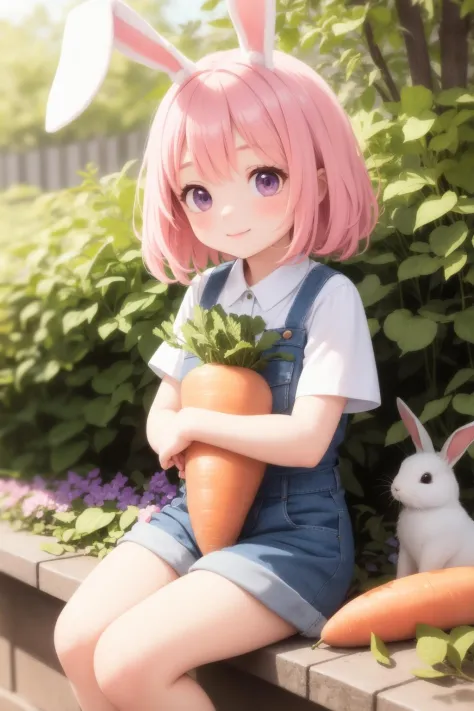 masterpiece, best quality, 1girl, solo, pink hair, purple eyes, gardener outfit, shorts, hugging giant carrot, carrot, happy, rabbit ears, looking at viewer, closed mouth