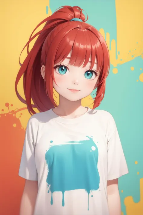 Meisterwerk, beste Qualität, 1 Mädchen, Pferdeschwanz, Stumpfer Pony, Rote Haare, Aqua Augen, Leichtes Lächeln, Betrachter betrachten, Farbspritzer-Hintergrund, übergroßes T-Shirt, Oberkörper, geschlossener Mund