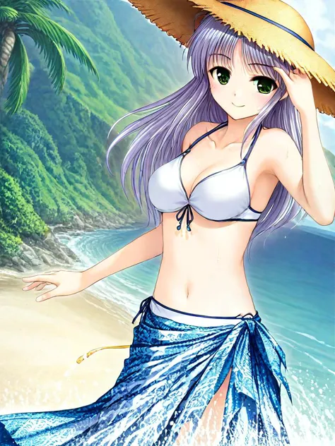 1girl, source_anime, solo, <lora:Feena_SDXL_2-000095:1>, Feena fam Earthlight, green eyes, white bikini, straw hat, beach, sarong, dynamic pose, smile, sunny, sweat,