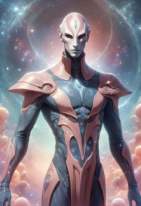 a man in a futuristic suit standing in front of a galaxy