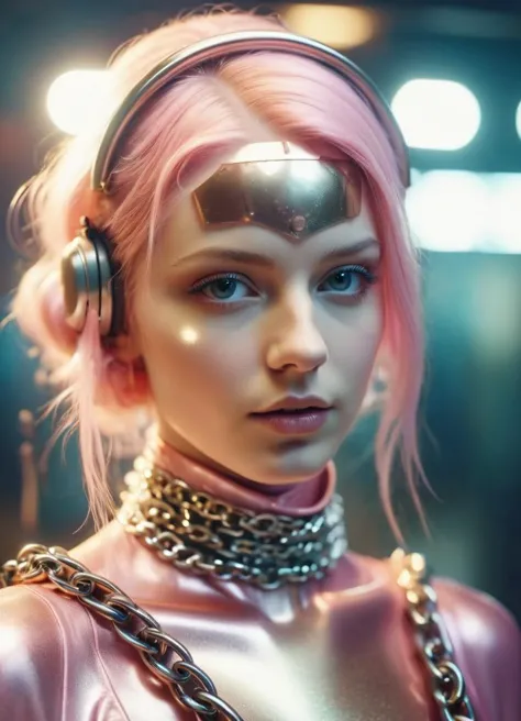 a woman with pink hair wearing headphones and a pink top