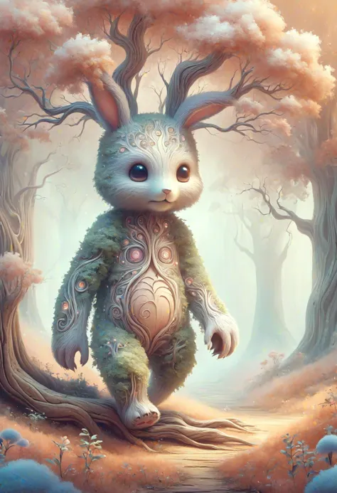 a painting of a rabbit standing in the woods with trees