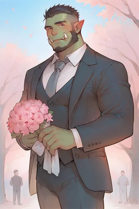 score_9, score_8_up, score_7_up, 1boy, solo, male focus, mature male, orc, green skin, tusks, beard, black hair, muscular, looking at viewer, cowboy shot, formal, black suit, suit, white shirt, collared shirt, grey necktie, long sleeves, smile, blush, holding flower, holding bouquet, standing, outdoors, sky, blue sky, tree, cherry blossoms <lora:OIS-s5 LoRA_Pony XL v6:1>