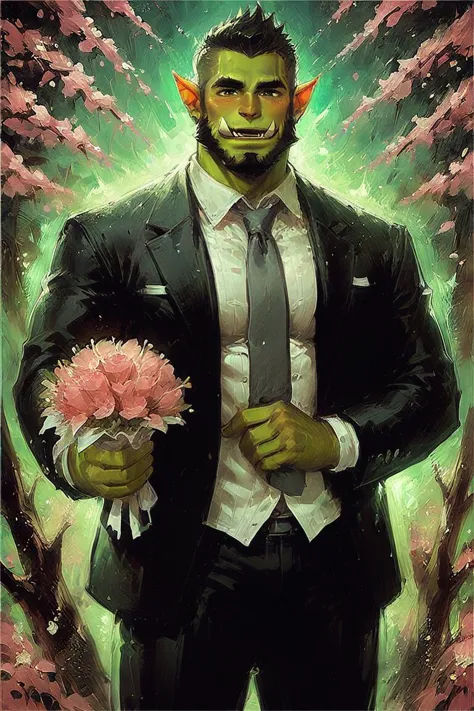 score_9, score_8_up, score_7_up, 1boy, solo, male focus, mature male, orc, green skin, tusks, beard, black hair, muscular, looking at viewer, cowboy shot, formal, black suit, suit, white shirt, collared shirt, grey necktie, long sleeves, smile, blush, holding flower, holding bouquet, standing, outdoors, sky, blue sky, tree, cherry blossoms <lora:OIS-s4 LoRA_Pony XL v6:1>