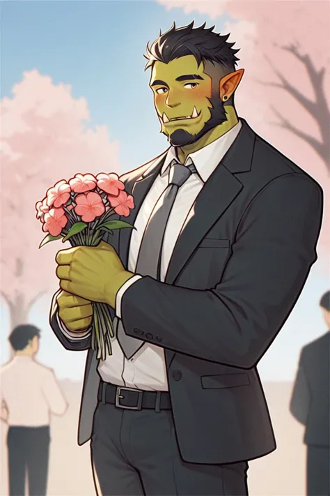 score_9, score_8_up, score_7_up, 1boy, solo, male focus, mature male, orc, green skin, tusks, beard, black hair, muscular, looking at viewer, cowboy shot, formal, black suit, suit, white shirt, collared shirt, grey necktie, long sleeves, smile, blush, holding flower, holding bouquet, standing, outdoors, sky, blue sky, tree, cherry blossoms <lora:OIS-s3 LoRA_Pony XL v6:1>