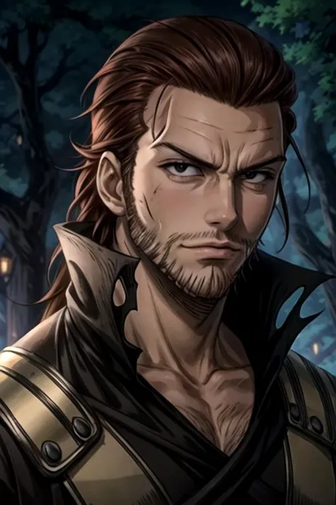 masterpiece, best quality, illustration, 1boy, solo, male focus, looking at viewer, upper body, depth of field, anime coloring, , <lora:gildarts_clive:0.68>, gildarts_clive, brown hair, black eyes, long hair, beard, clown costume, ,