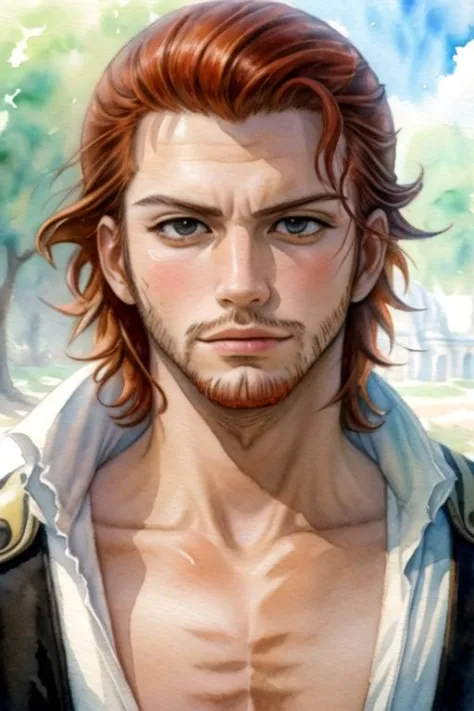 masterpiece, best quality, photorealistic, 1boy, solo, male focus, looking at viewer, , depth of field, (watercolor illustration, soft pastel colors:1.1), realistic, <lora:gildarts_clive:0.66>, gildarts_clive, orange hair, black eyes, , , , jewish temple,