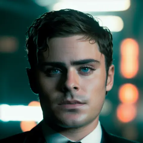 RAW face closeup portrait of zacefron person wearing a tuxedo, professional photography, in blade runner, high resolution, 4k, 50mm, vaporwave, photo by Brooke Shaden, close portrait, <lora:zacefron_6120:1>