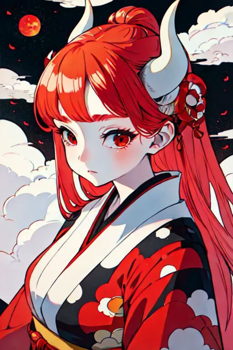 a close up of a woman with red hair and horns