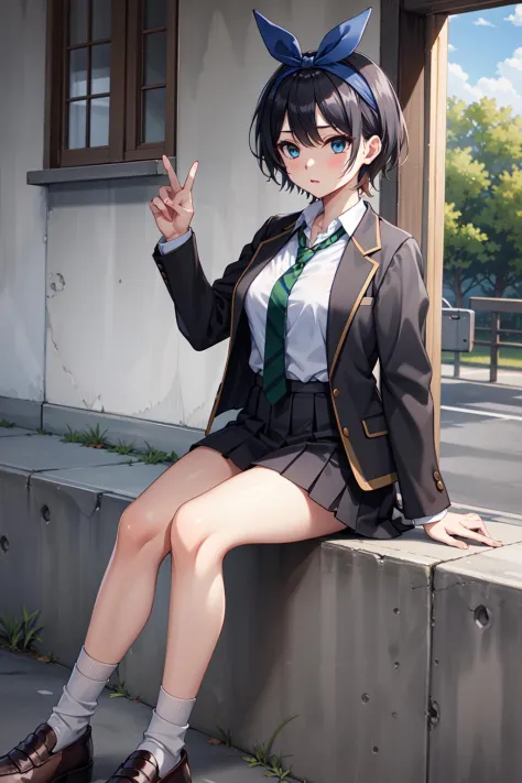 masterpiece, best quality, highres, 1girl, solo, brown footwear, skirt, jacket, shirt, blue eyes, white shirt, necktie, green necktie, black hair, pleated skirt, socks, diagonal-striped necktie, open jacket, open clothes, striped necktie, shoes, collared shirt, loafers, black jacket, black skirt, striped, blazer, short hair, long sleeves, bangs, , black socks, diagonal stripes, hairband, hair ribbon, ribbon, blue hairband, dress shirt, bow,  