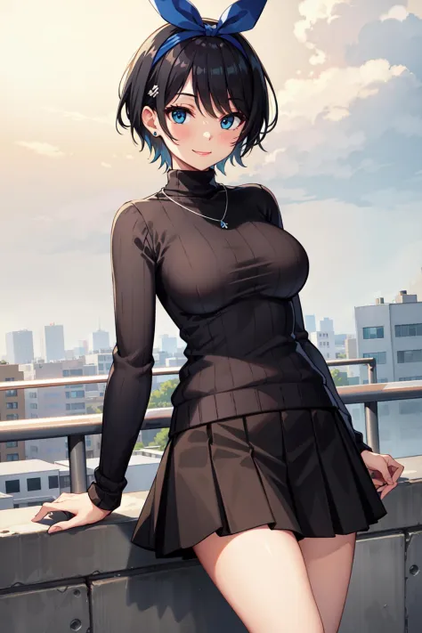 masterpiece, best quality, highres, 1girl, solo, jewelry, skirt, sweater, necklace, black skirt, black hair, short hair, ribbed sweater, socks, turtleneck sweater, turtleneck, white socks, blue eyes,  long sleeves, pleated skirt, ribbon, breasts, bow, hair ribbon, hairband, hair bow, bangs, large breasts, sarashina ruka, <lora:sarashina_ruka_v10:0.6>, cowboy shot, smile,