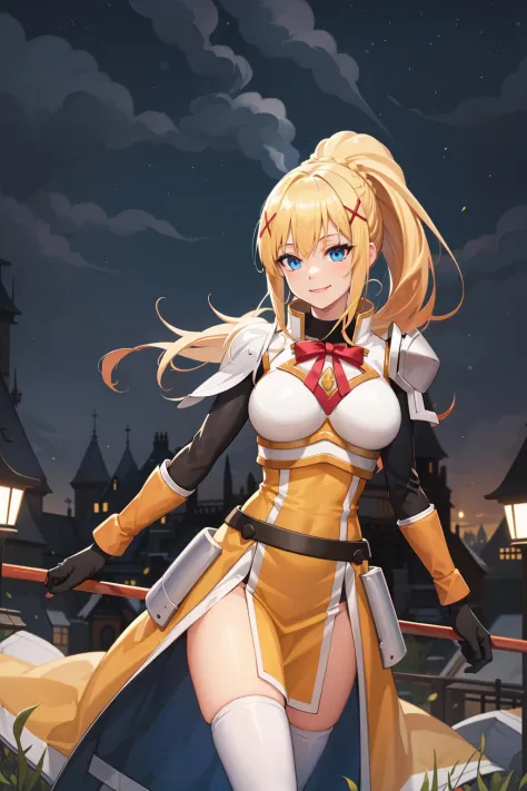 best quality, highres, 1girl, long hair, blonde hair, x hair ornament, armor, blue eyes, ponytail, hair ornament, gloves, shoulder armor, braid, black gloves, pauldrons, white boots, darkness \(konosuba\), large breasts, cowboy shot, castle, outdoors, smile,